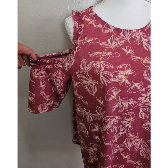 LC Lauren Conrad Pink Red Floral Cold Shoulder Blouse - Picture 6 of 8